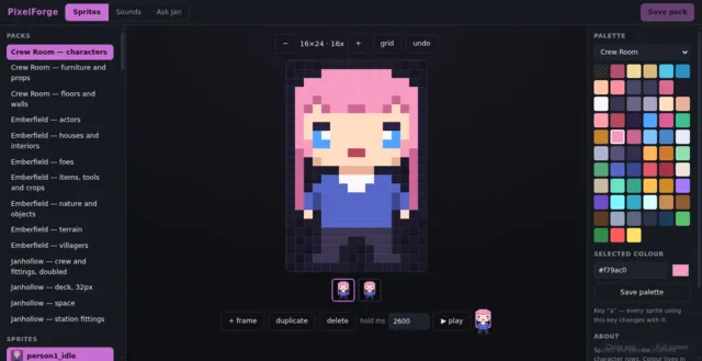 Editing a pixel character with the palette